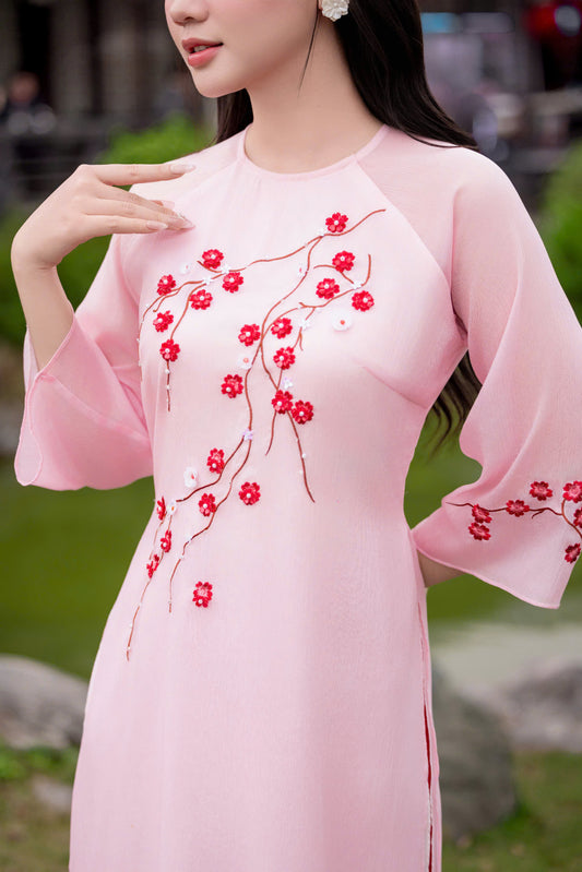 Pink\Cream Modern Ao Dai - Plum Blossom Ao Dai Vietnam