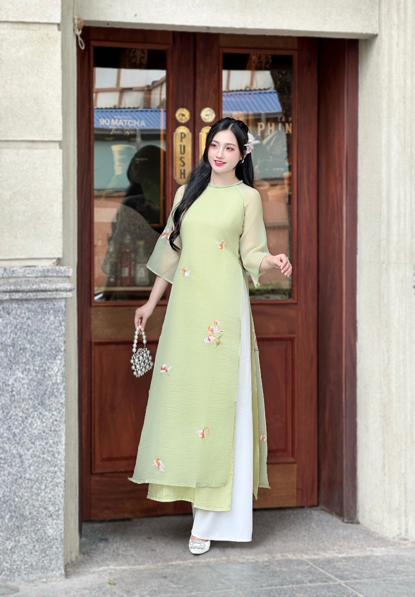 Sage Green Vietnamese Ao Dai with Floral Embroidery – Elegant Bridesmaid Dress | NO Pants