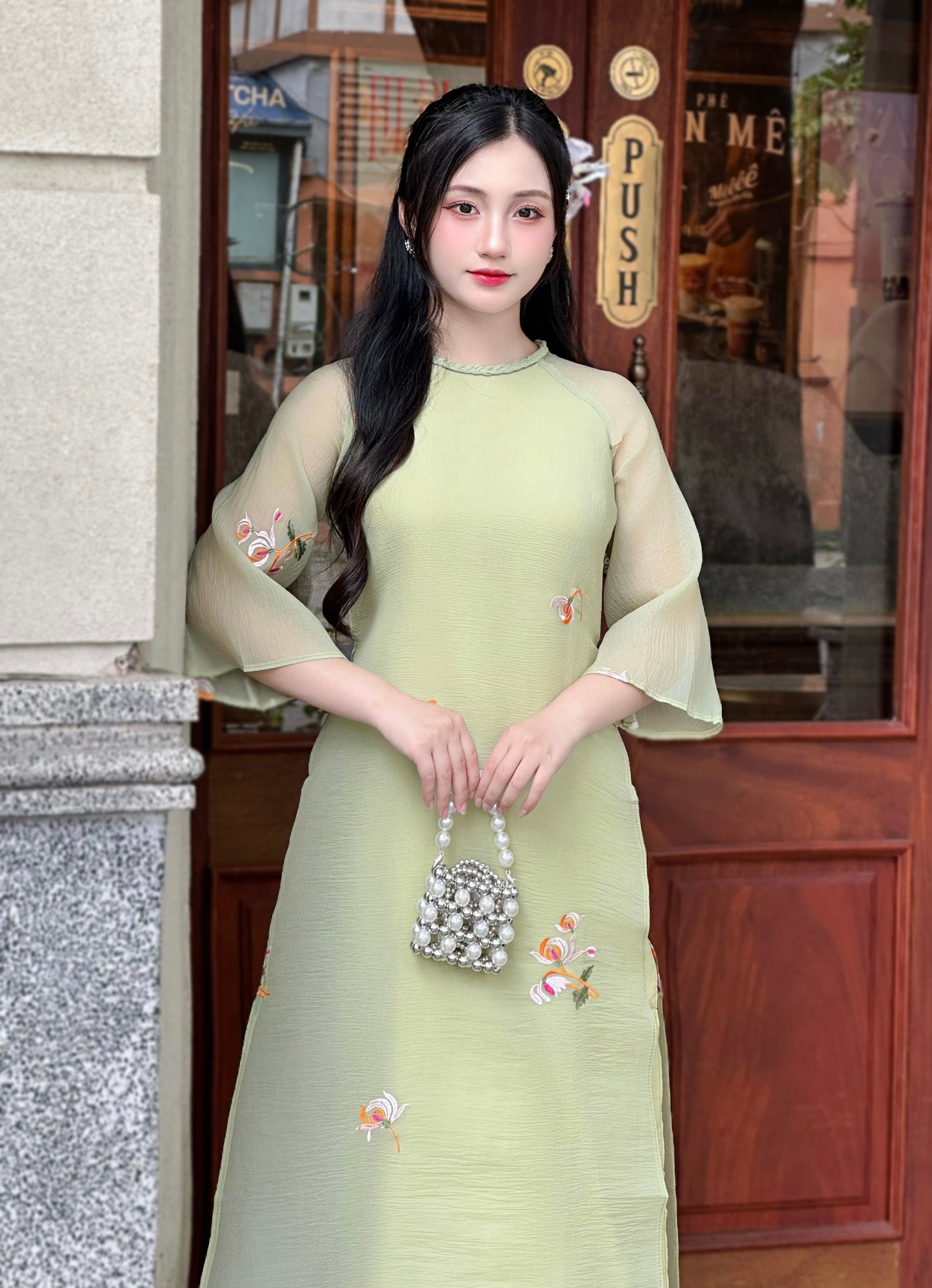 Sage Green Vietnamese Ao Dai with Floral Embroidery – Elegant Bridesmaid Dress | NO Pants