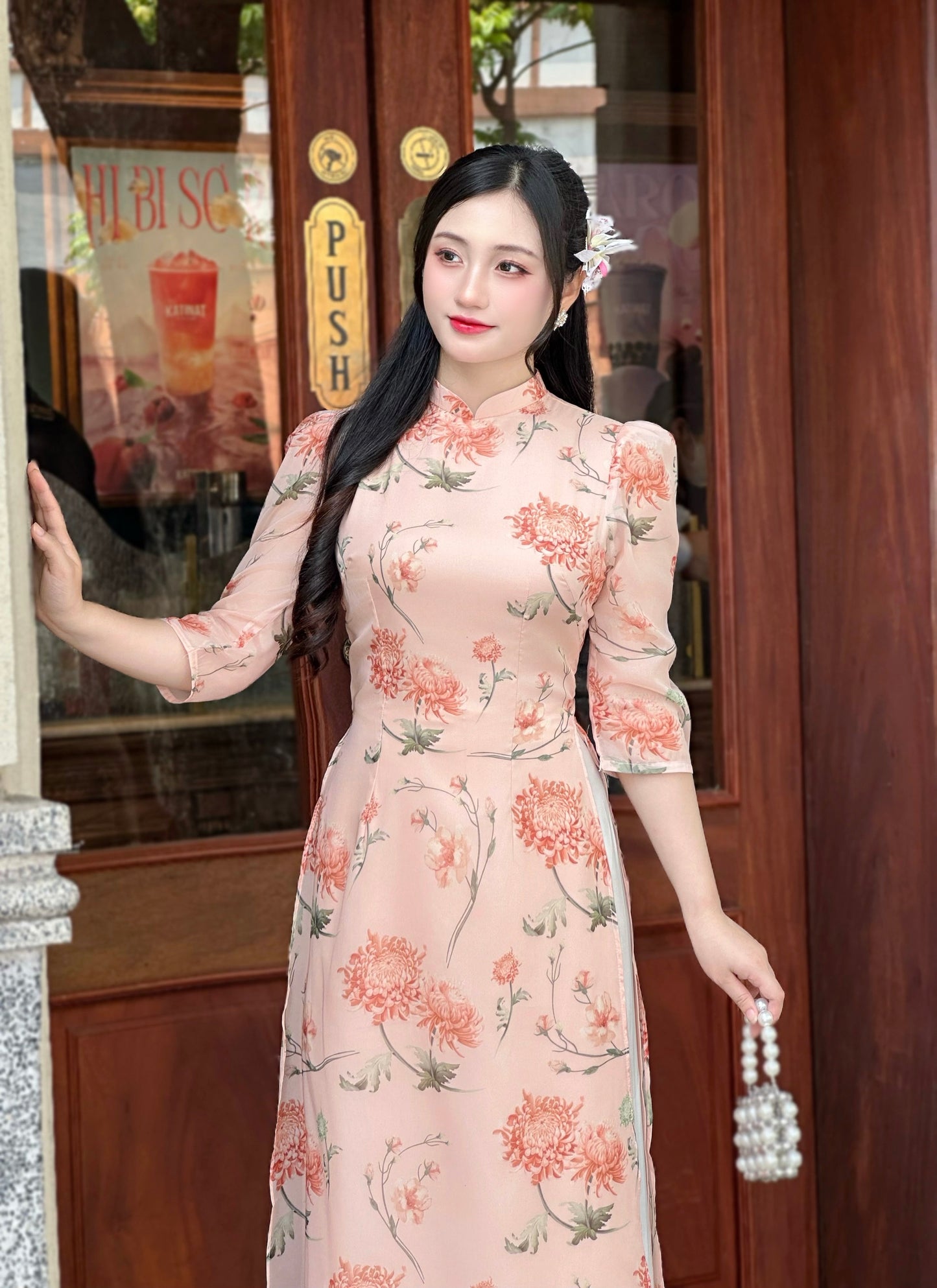 Blush Pink Vietnamese Ao Dai with Vintage Floral Print – Elegant Traditional Dress | NO Pants