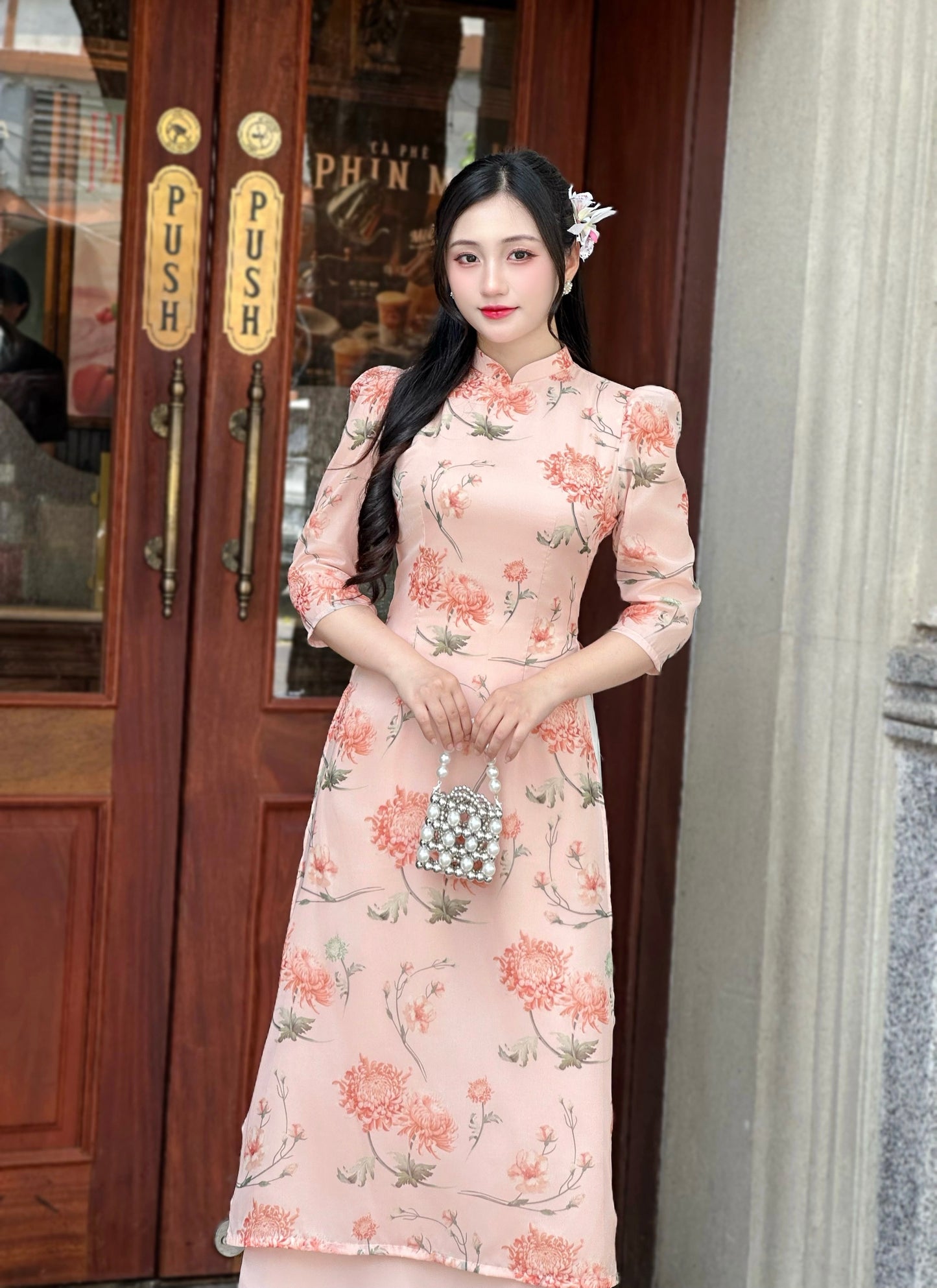 Blush Pink Vietnamese Ao Dai with Vintage Floral Print – Elegant Traditional Dress | NO Pants