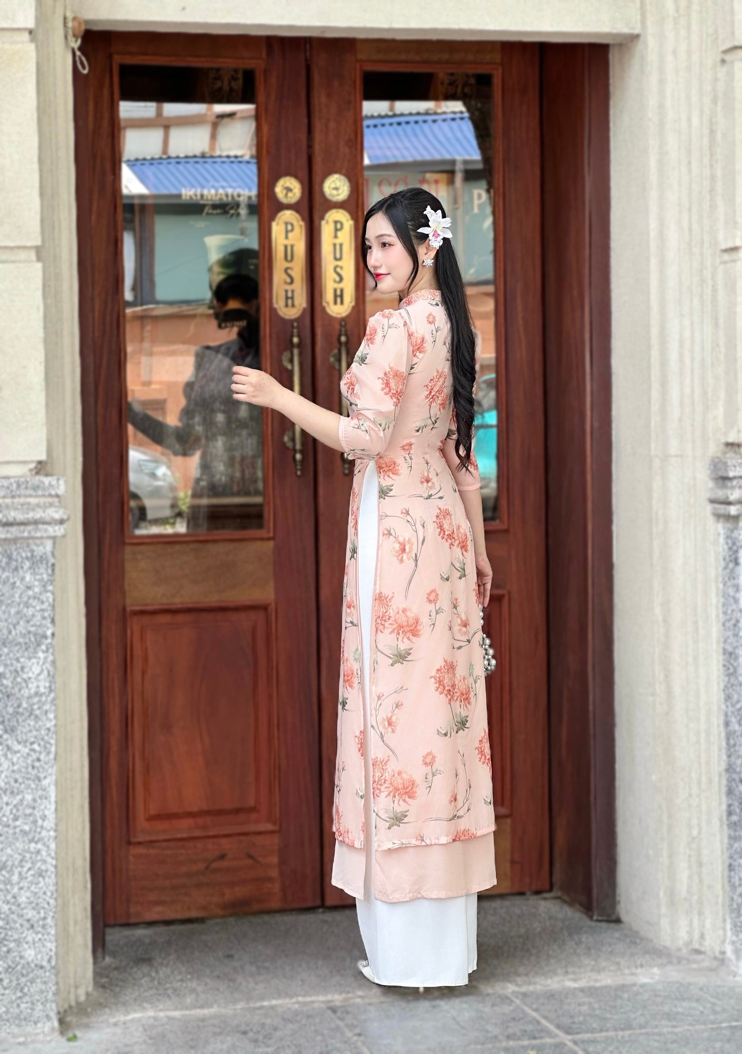Blush Pink Vietnamese Ao Dai with Vintage Floral Print – Elegant Traditional Dress | NO Pants