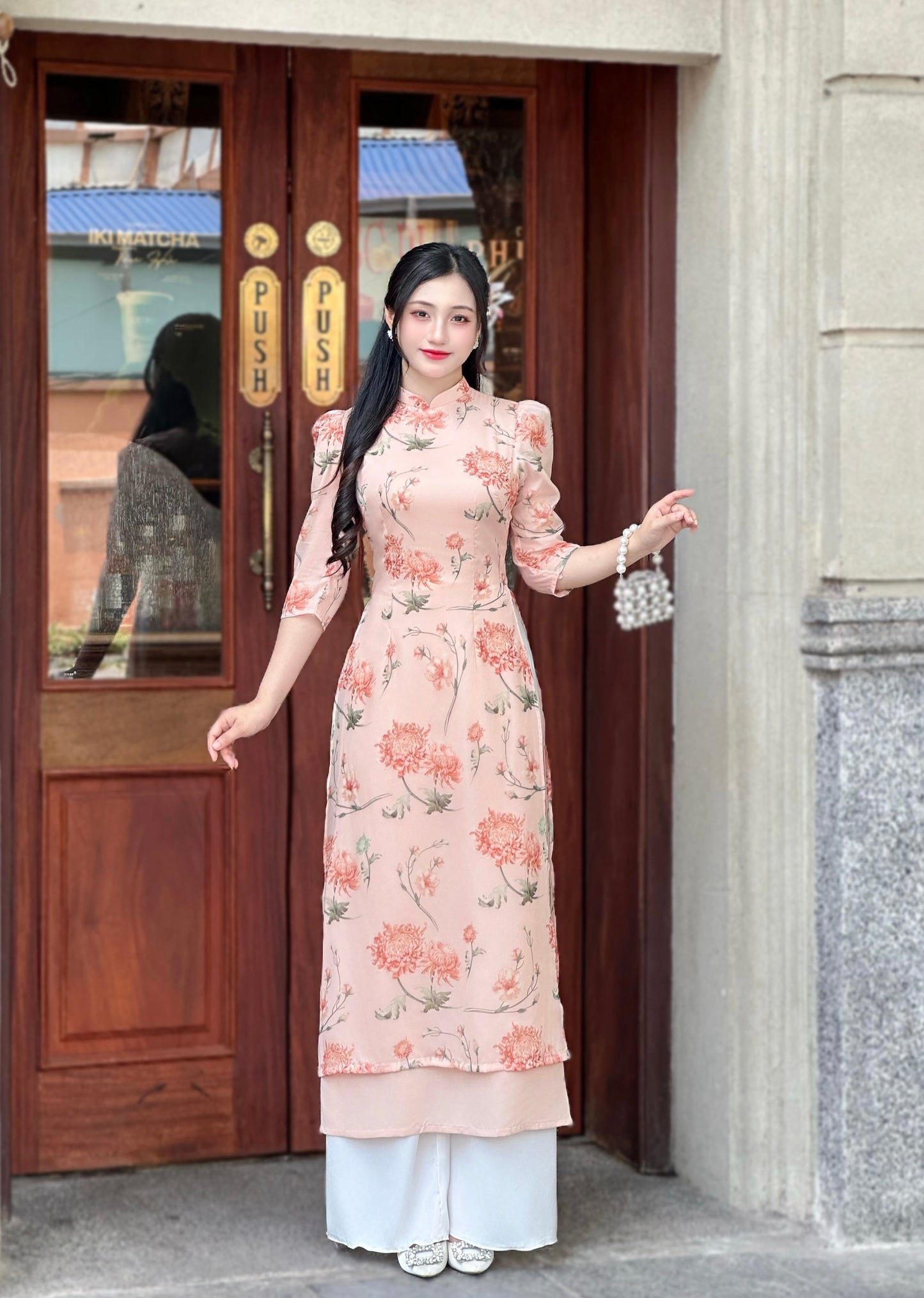 Blush Pink Vietnamese Ao Dai with Vintage Floral Print – Elegant Traditional Dress | NO Pants