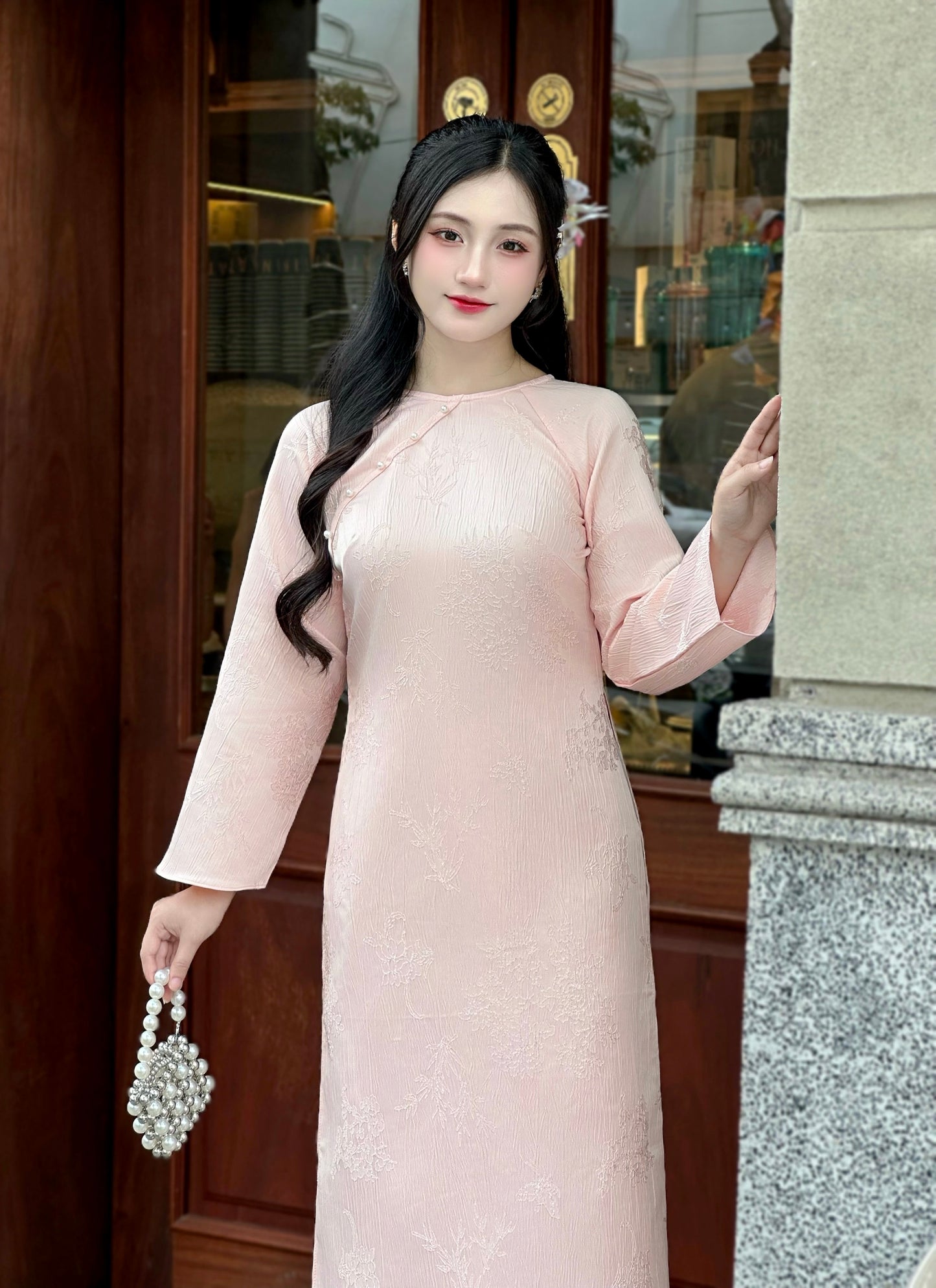 Pink Jacquard Ao Dai w Bamboo hide pattern- Vietnamese Modernized Ao Dai | NO Pants