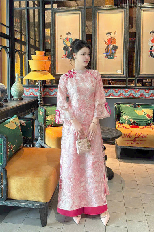 LAN CHI Set Pink Modern Ao Dai | Mini Tie Bow Ao Dai For Women