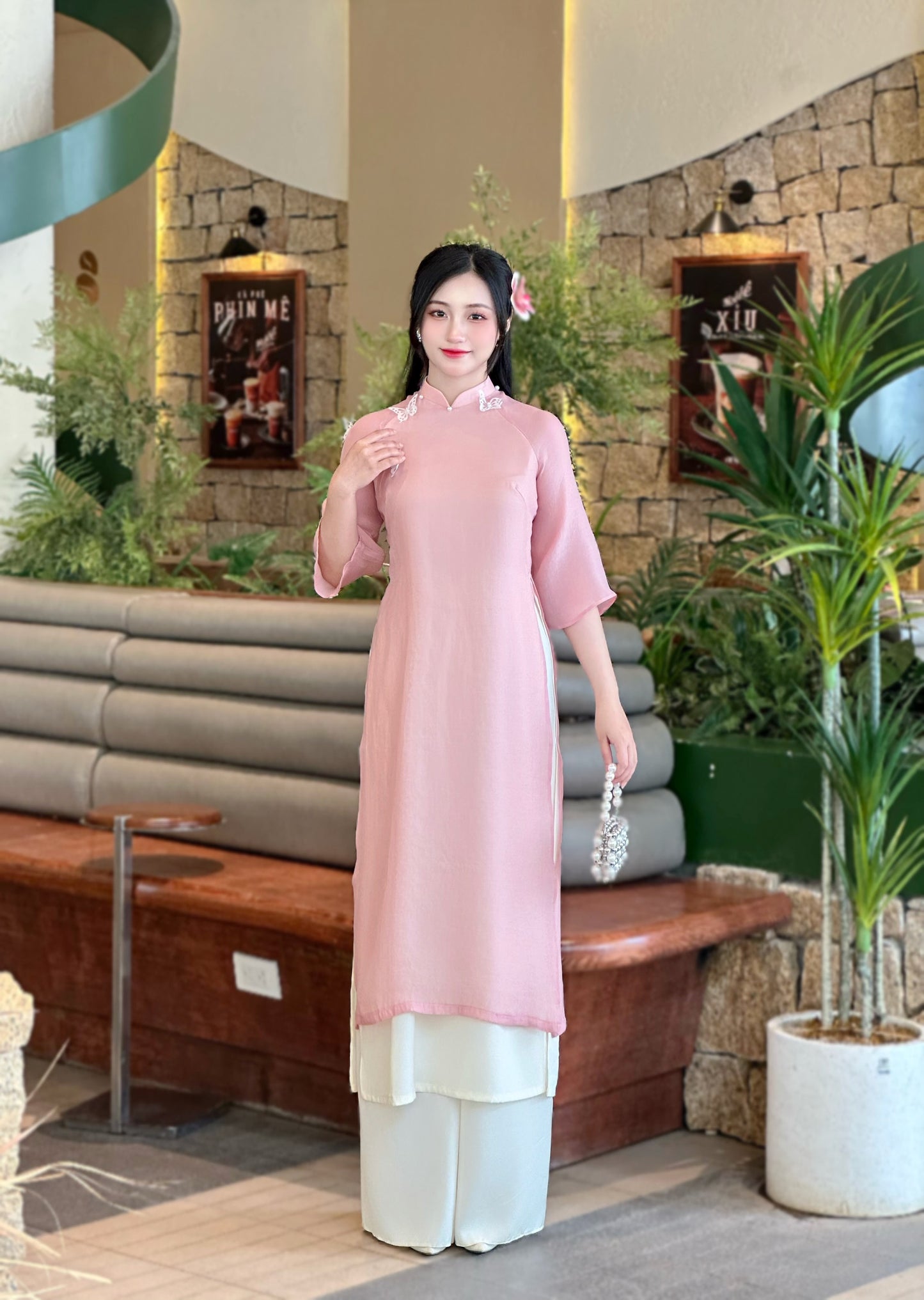 Pink Vietnamese Ao Dai with 3D Butterfly – Bridesmaid Dress | Modern Ao Dai Set