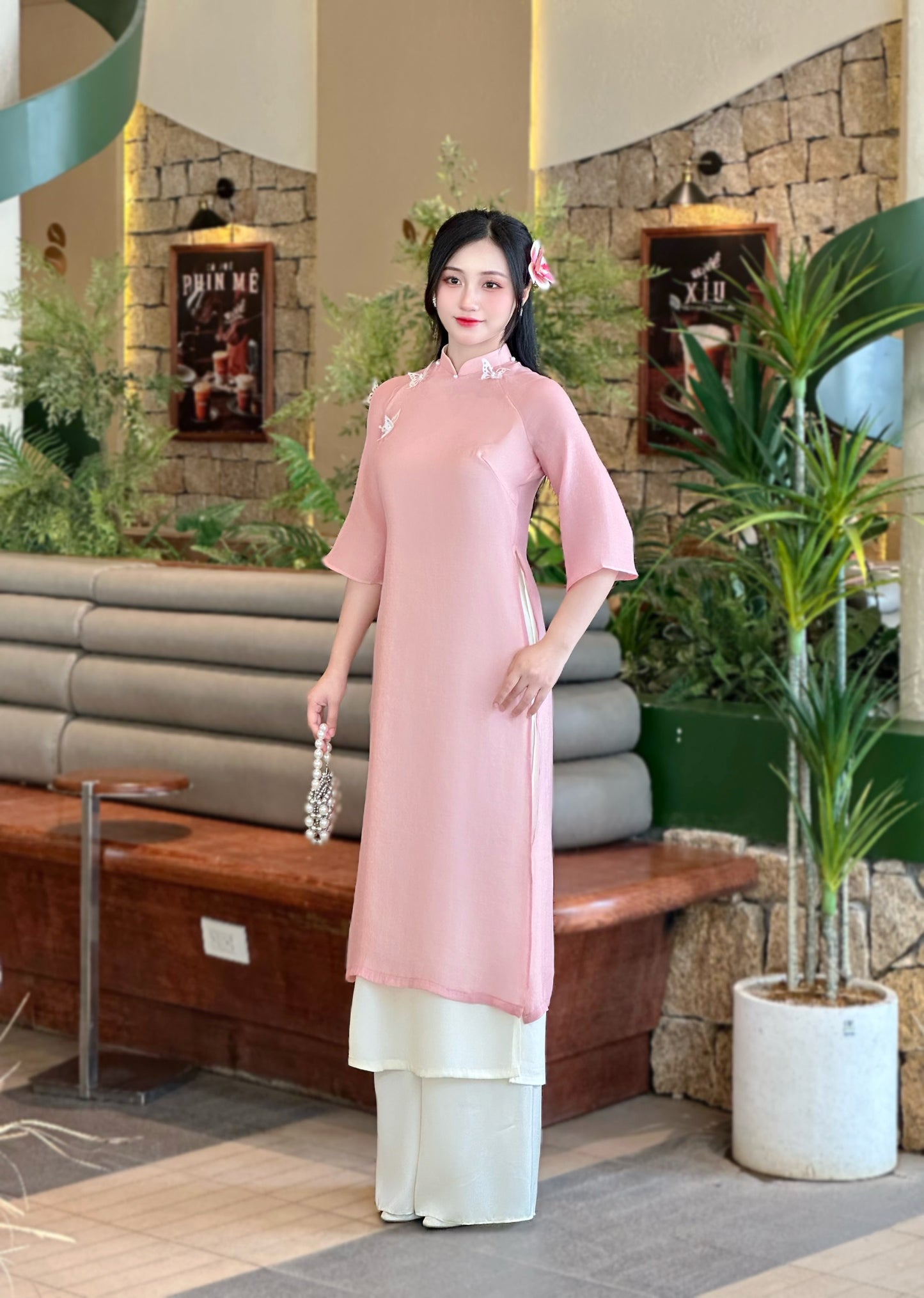 Pink Vietnamese Ao Dai with 3D Butterfly – Bridesmaid Dress | Modern Ao Dai Set