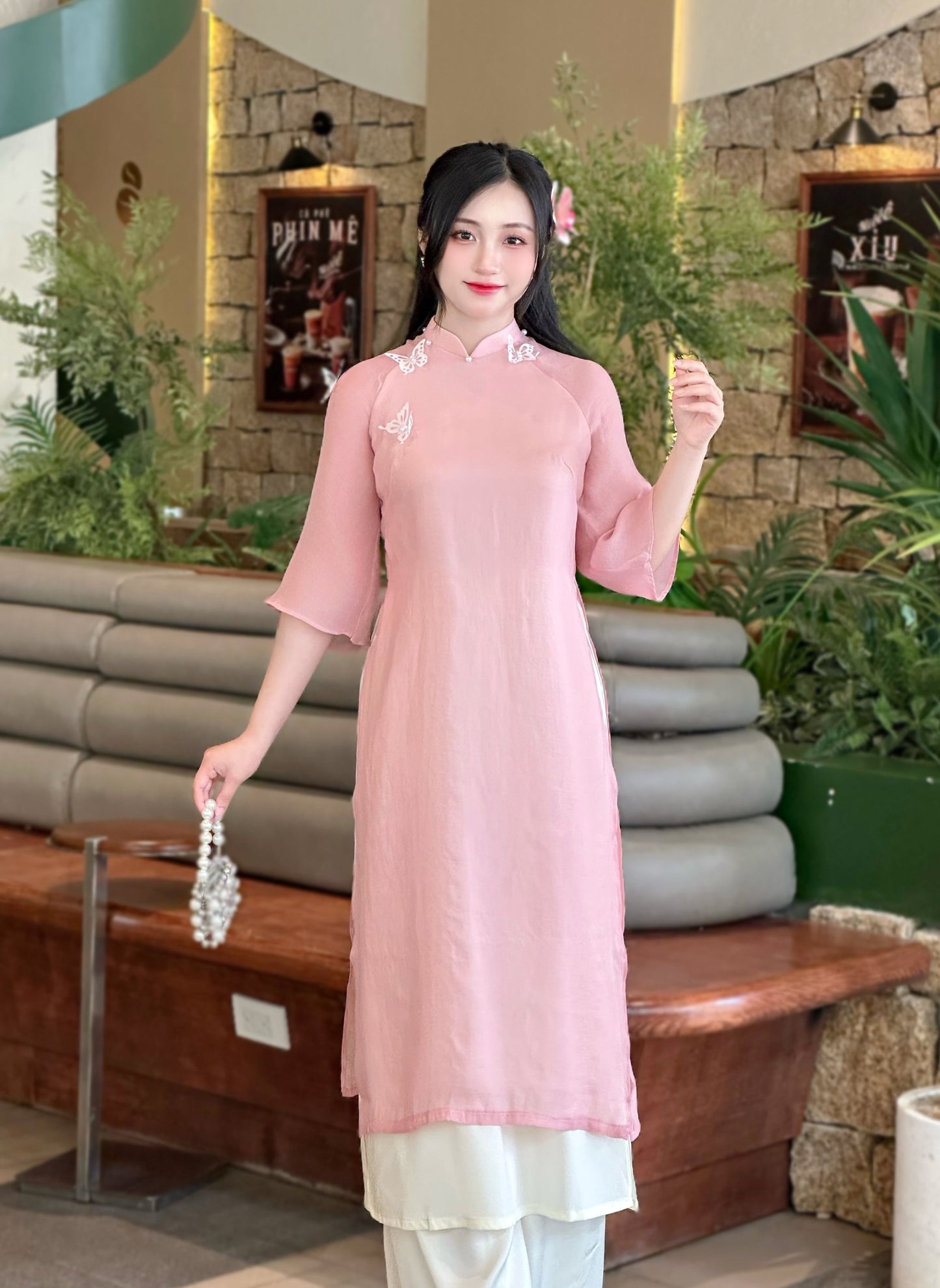 Pink Vietnamese Ao Dai with 3D Butterfly – Bridesmaid Dress | Modern Ao Dai Set