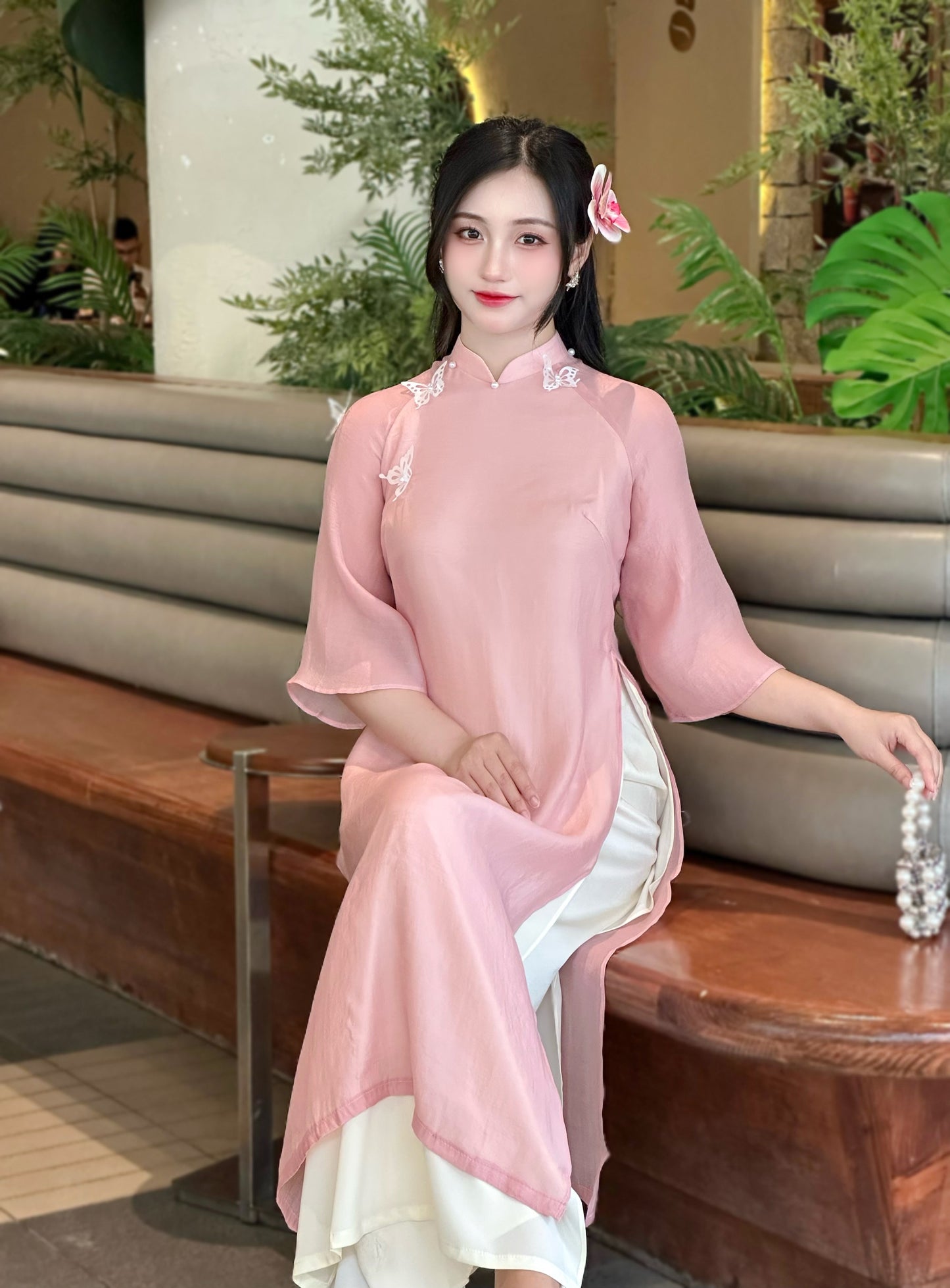 Pink Vietnamese Ao Dai with 3D Butterfly – Bridesmaid Dress | Modern Ao Dai Set