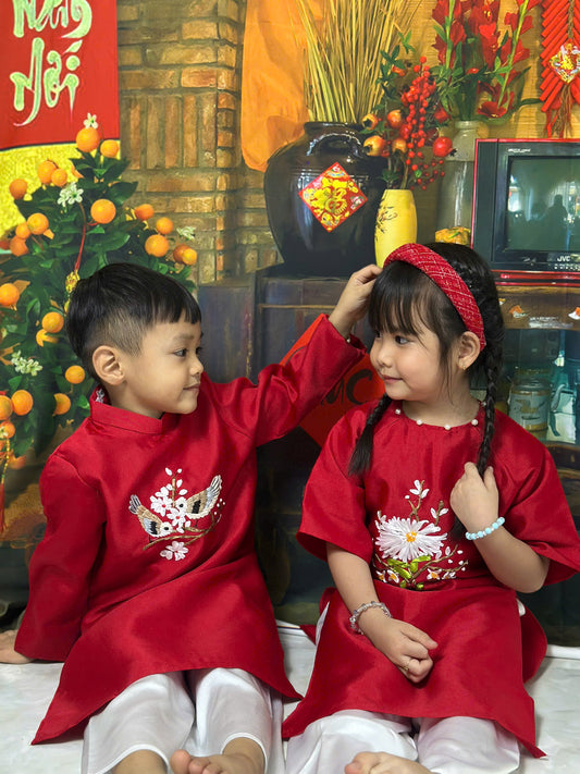 Red Sibling Ao Dai - Ao Dai Boy Girl | Vietnamese Long Dress