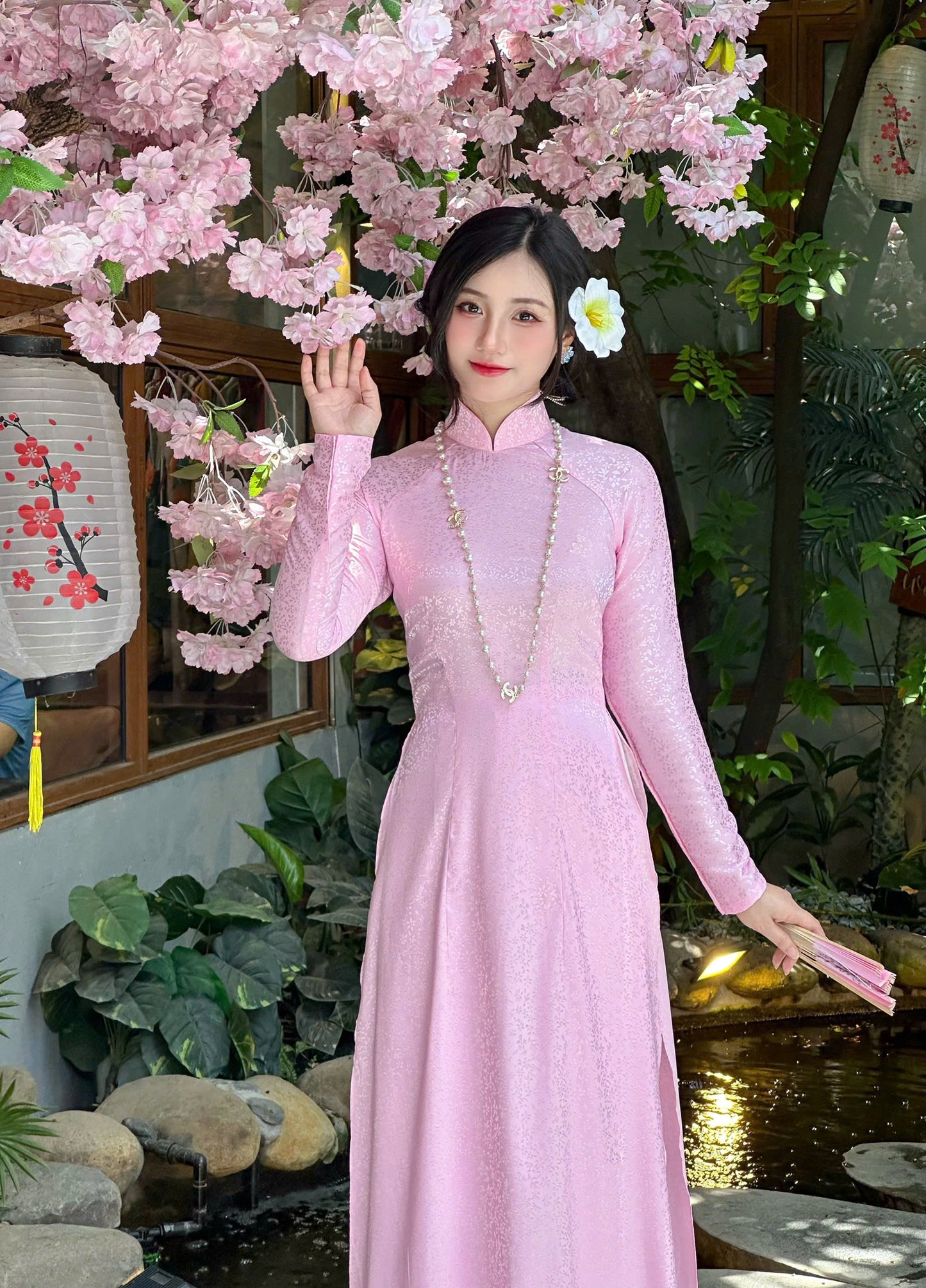 Áo Dài Gấm Lá Màu hồng | Pre made ao dai for women | Vietnamese long dress NO Pants