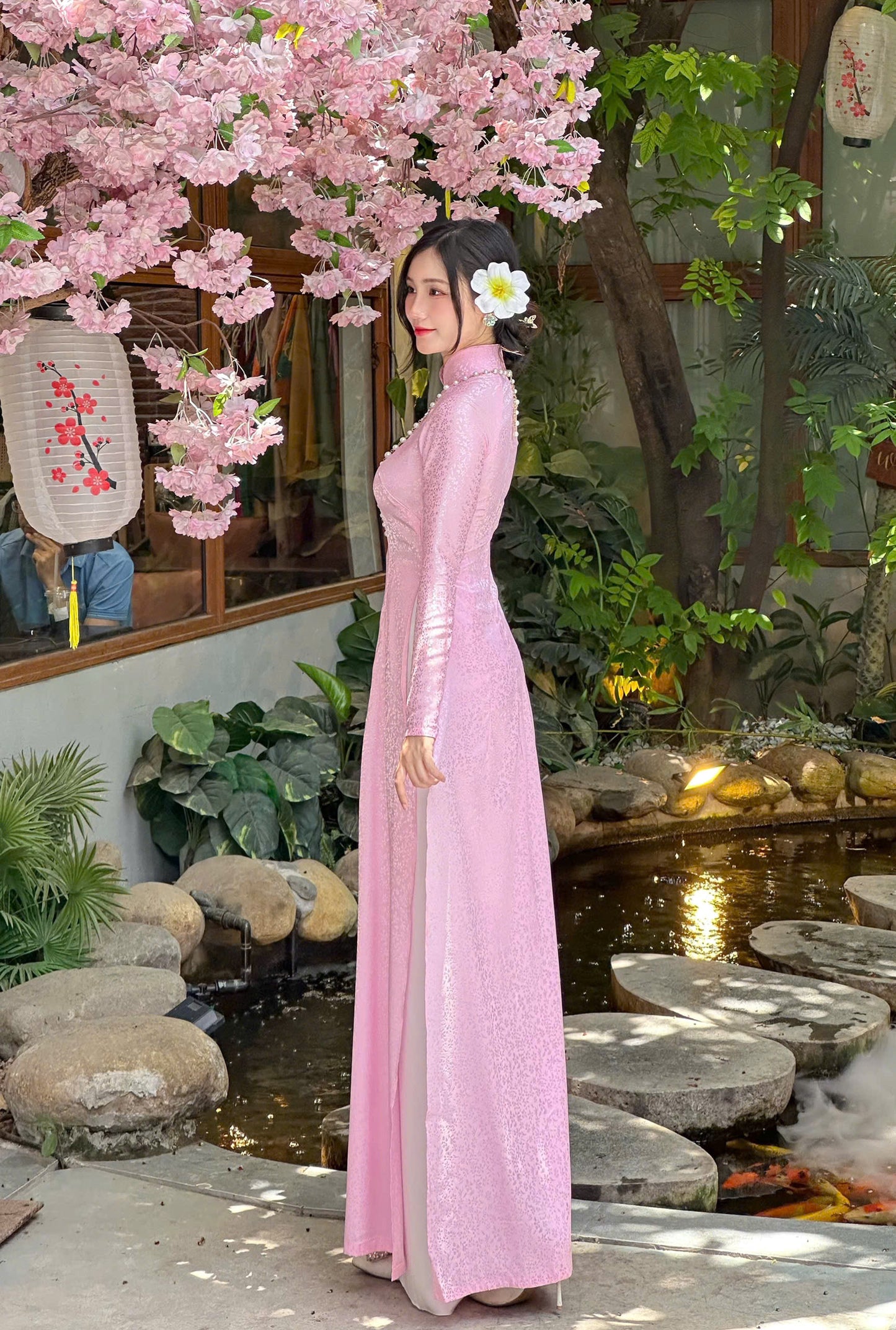 Áo Dài Gấm Lá Màu hồng | Pre made ao dai for women | Vietnamese long dress NO Pants