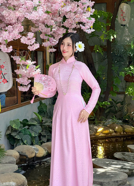 Áo Dài Gấm Lá Màu hồng | Pre made ao dai for women | Vietnamese long dress NO Pants