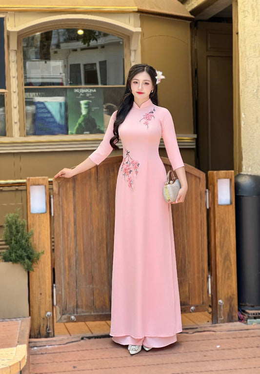 Pink Ao Dai Ribbon embroidered flower bunch | Pre made Traditional ao dai for women | Vietnamese long dress