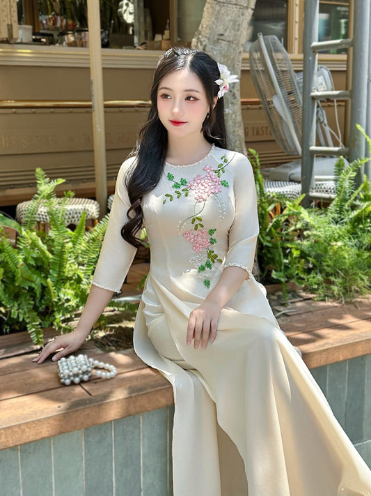 Beige Ribbon Embroidery Vietnamese Traditional Ao Dai-NO PANTS | Áo dài lụa màu kem thêu hoa ruy băng
