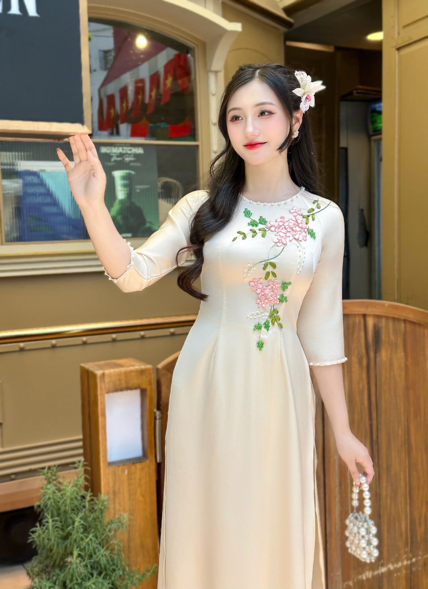 Beige Ribbon Embroidery Vietnamese Traditional Ao Dai-NO PANTS | Áo dài lụa màu kem thêu hoa ruy băng