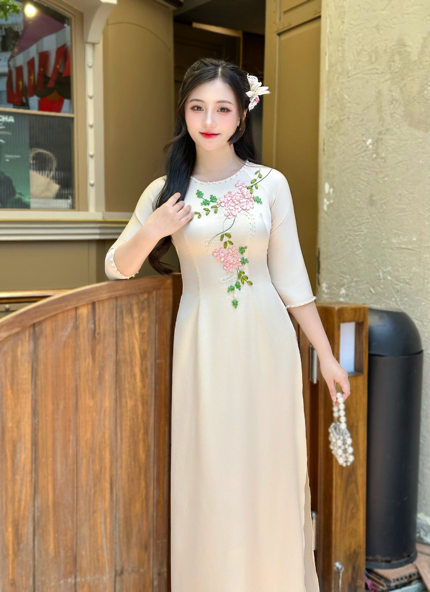 Beige Ribbon Embroidery Vietnamese Traditional Ao Dai-NO PANTS | Áo dài lụa màu kem thêu hoa ruy băng