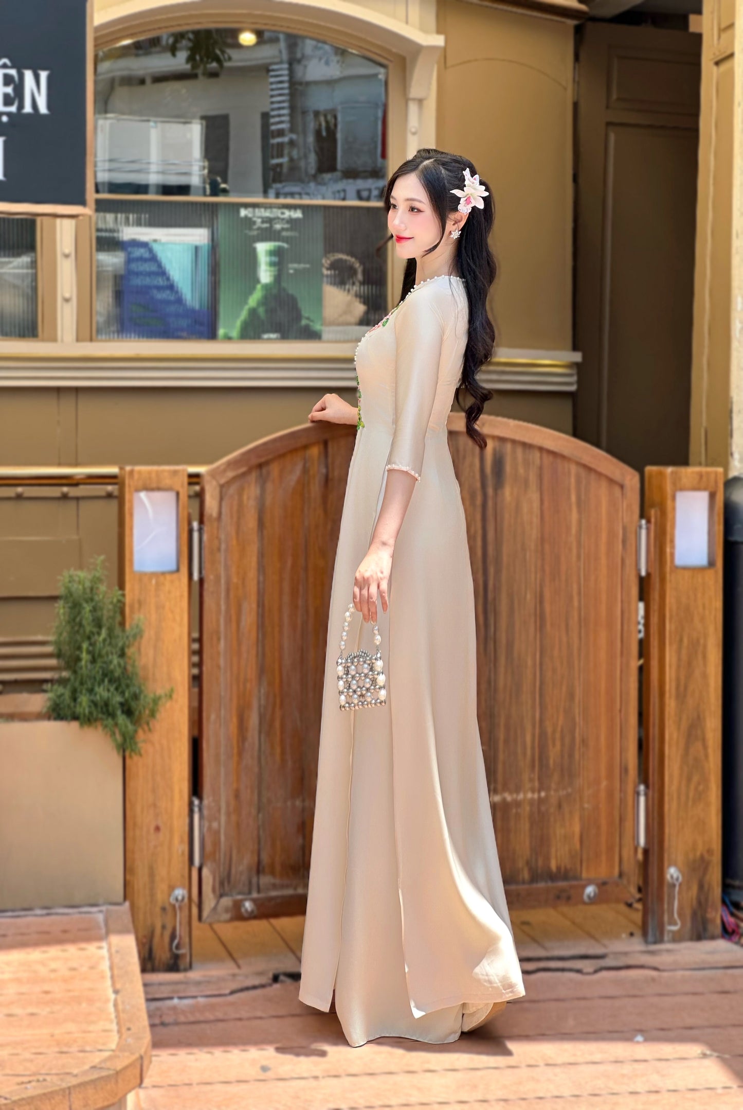 Beige Ribbon Embroidery Vietnamese Traditional Ao Dai-NO PANTS | Áo dài lụa màu kem thêu hoa ruy băng