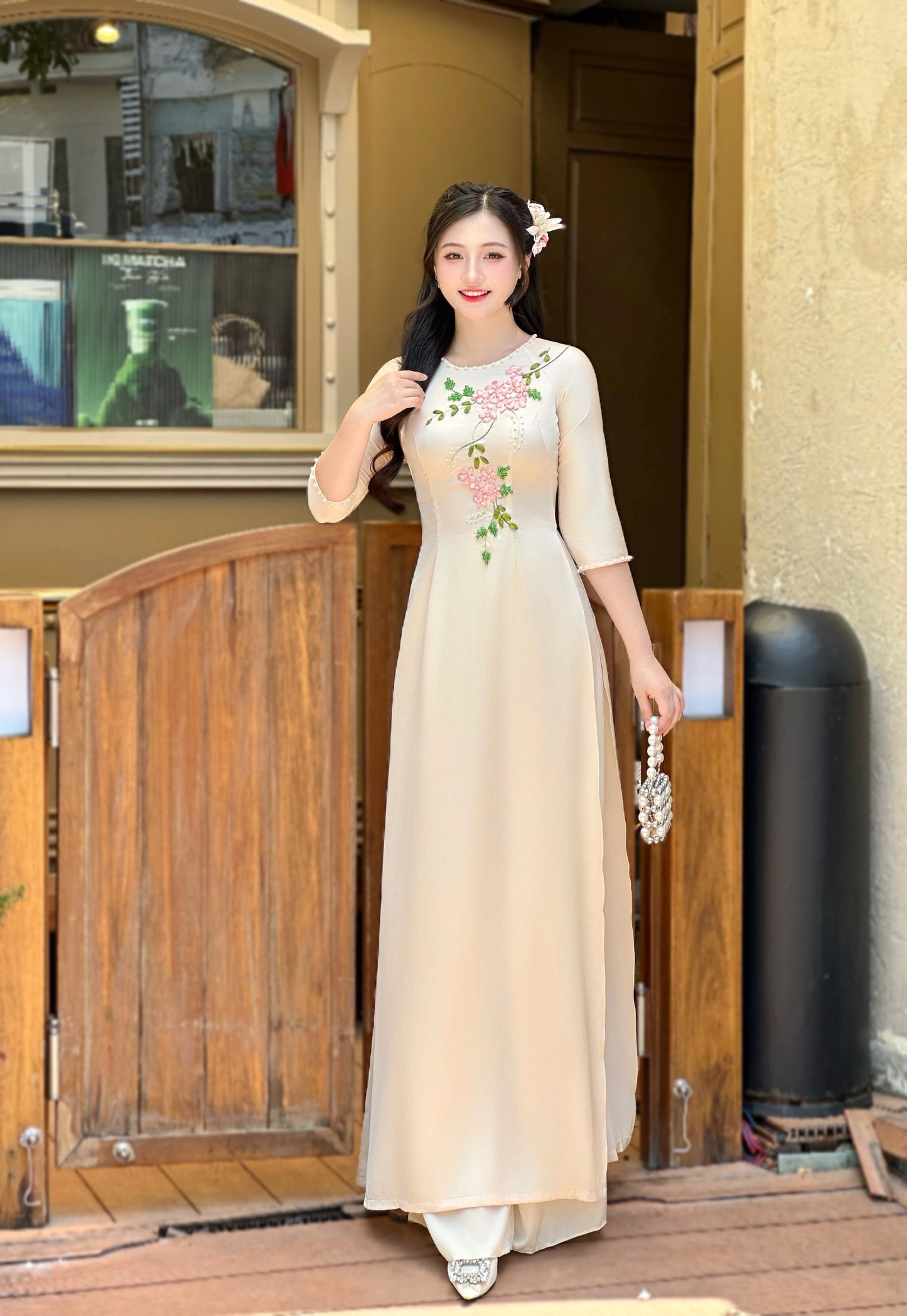 Beige Ribbon Embroidery Vietnamese Traditional Ao Dai-NO PANTS | Áo dài lụa màu kem thêu hoa ruy băng