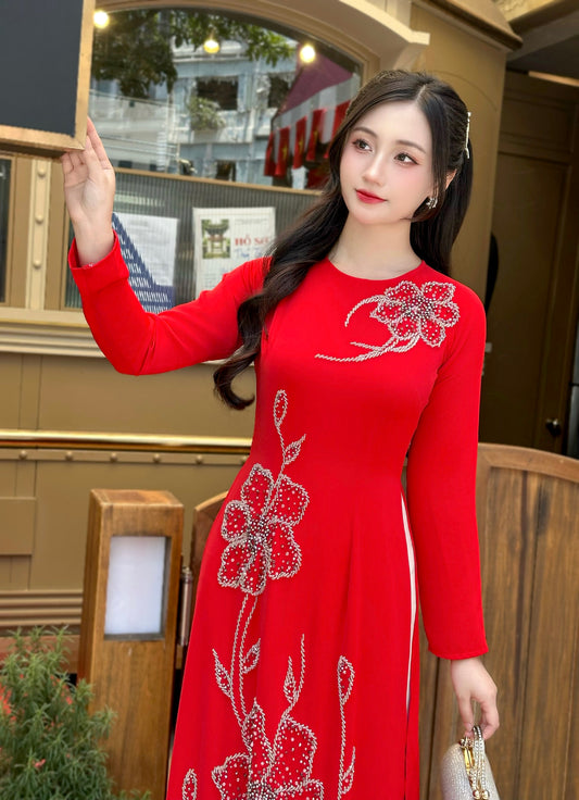 Elegant Red Ao Dai featuring delicate Crystal Embellishments | Vietnamese Traditional Ao Dai | NO Pants
