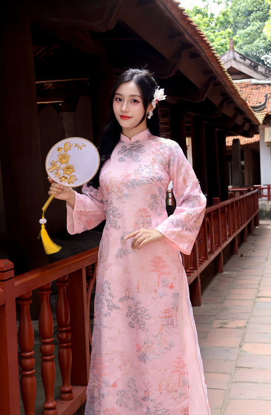 MINH ANH Pink Ao Dai with Flower Embroidery | Vietnamese ao dai for women | NO pants
