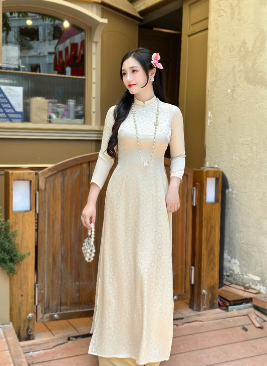 Beige Gam Ao Dai Dress | Pre made Traditional ao dai for women | Vietnamese long dress