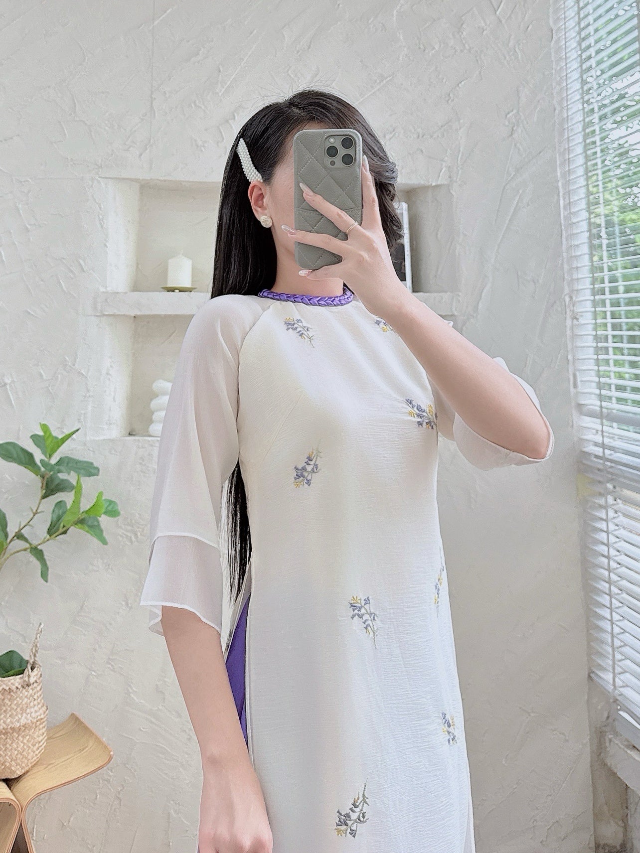 Lavender Embroidery Ao Dai Set | Modern Vietnamese Ao Dai | Included Pants