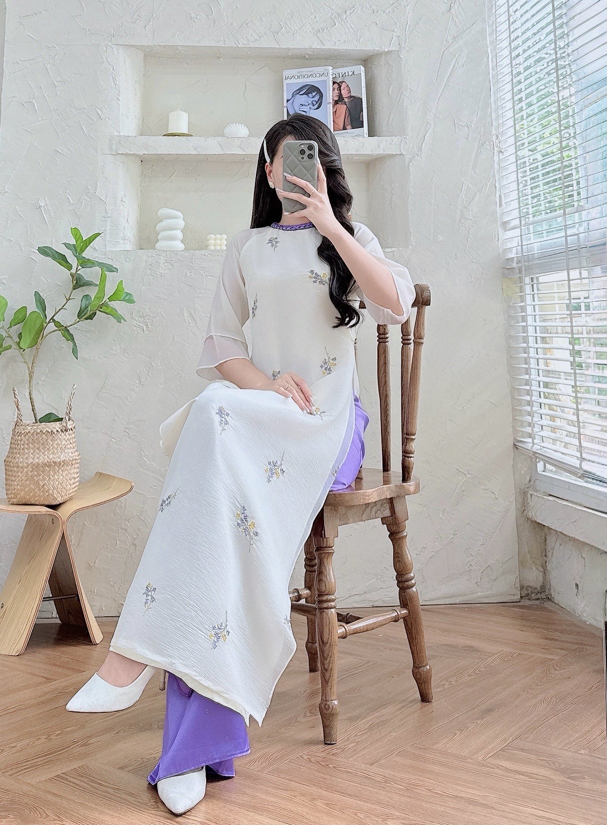 Lavender Embroidery Ao Dai Set | Modern Vietnamese Ao Dai | Included Pants