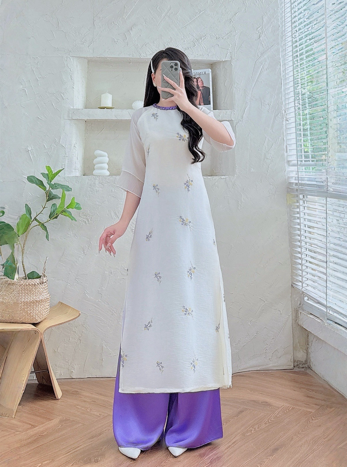 Lavender Embroidery Ao Dai Set | Modern Vietnamese Ao Dai | Included Pants