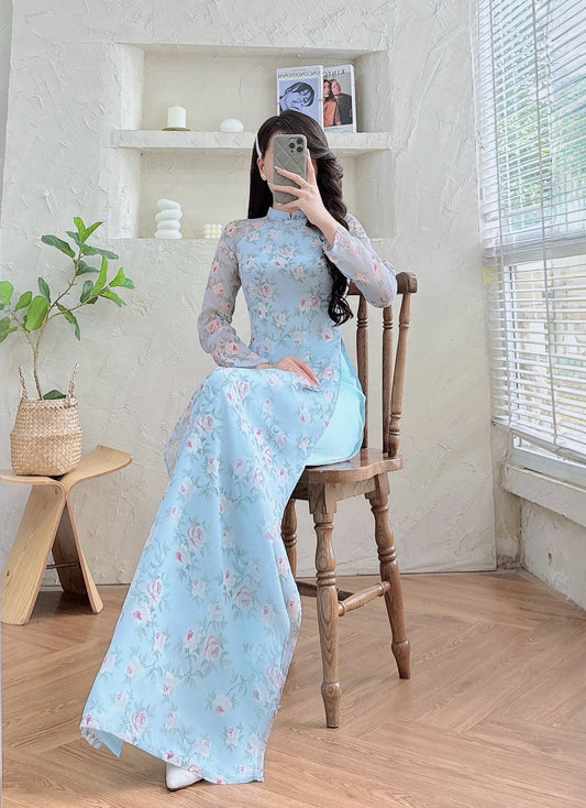 Blue Rose Vietnamese Ao Dai Dress – Traditional Long Sleeve Ao Dai Pants – Elegant Formal Ao Dai for Women