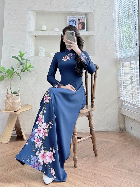 Pre-order: 3D Printed Dark Blue Ao Dai | Traditional Vietnamese Dress for Women