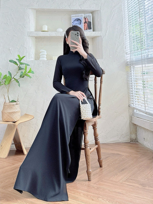 Black Double Layers Ao Dai | Cultural Formalwear | Vietnamese Long Dress | Ao Dai with Pants
