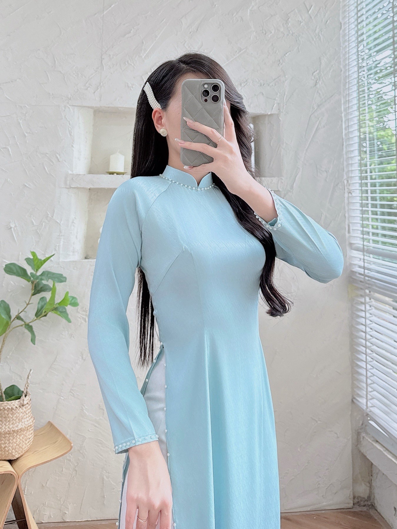 Mint Bridesmaid Ao Dai With Pearls | Cultural Formalwear | Vietnamese Long Dress | Included Pants