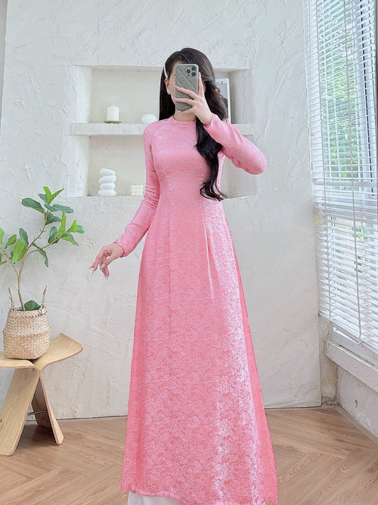 SCARLETT Pink Gấm Ao dai set | Customized Ao Dai - Round Neck