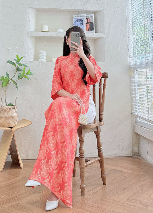 Orange Vietnamese Ao Dai for Women – Traditional Dress for Wedding- Wide Sleeves- NO Pants