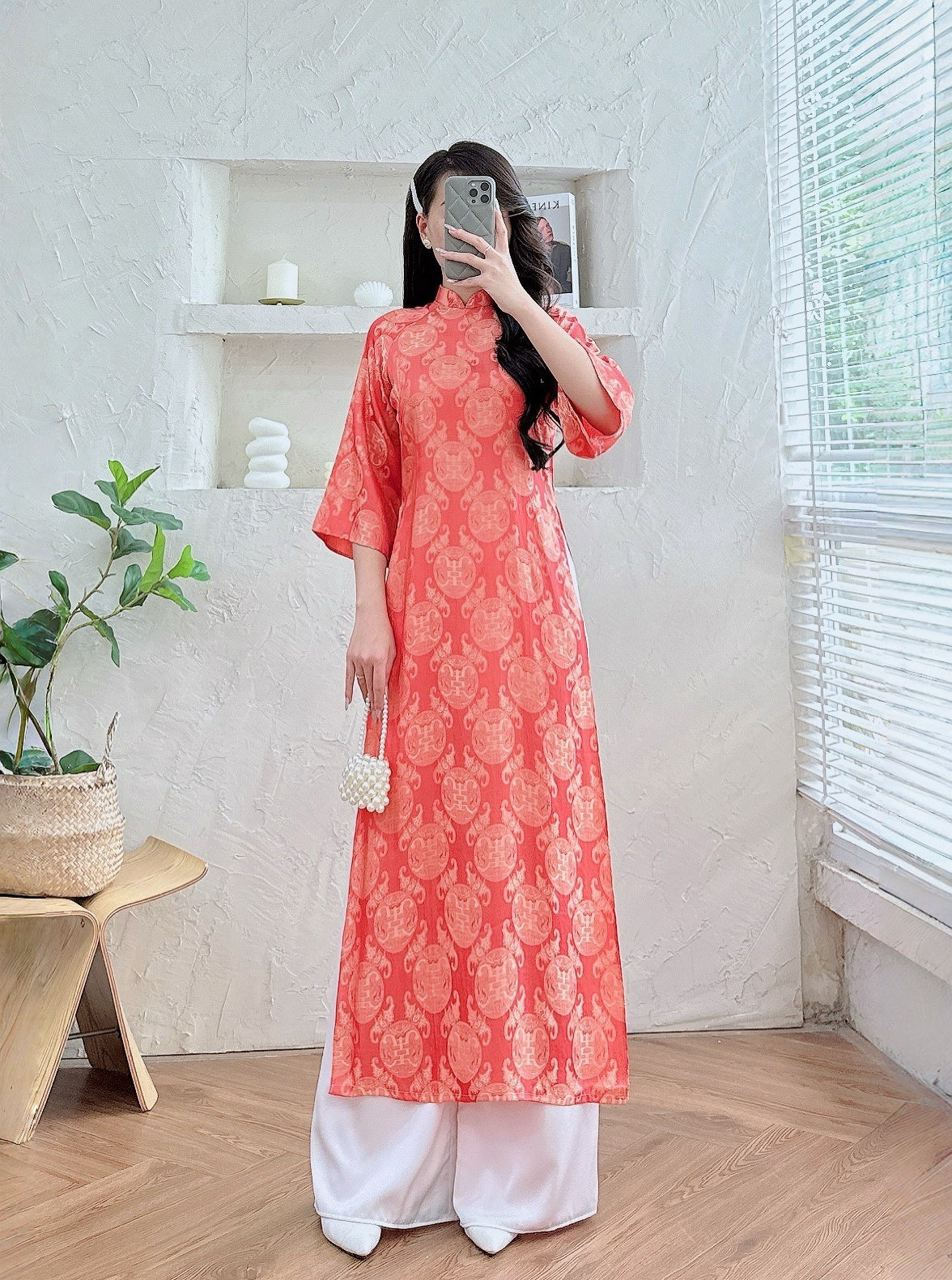 Orange Vietnamese Ao Dai for Women – Traditional Dress for Wedding- Wide Sleeves- NO Pants