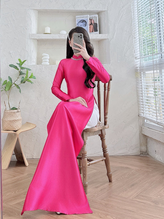 Pre-made Magenta Pink Ao dai for Women - Valentino silk Ao Dai Top