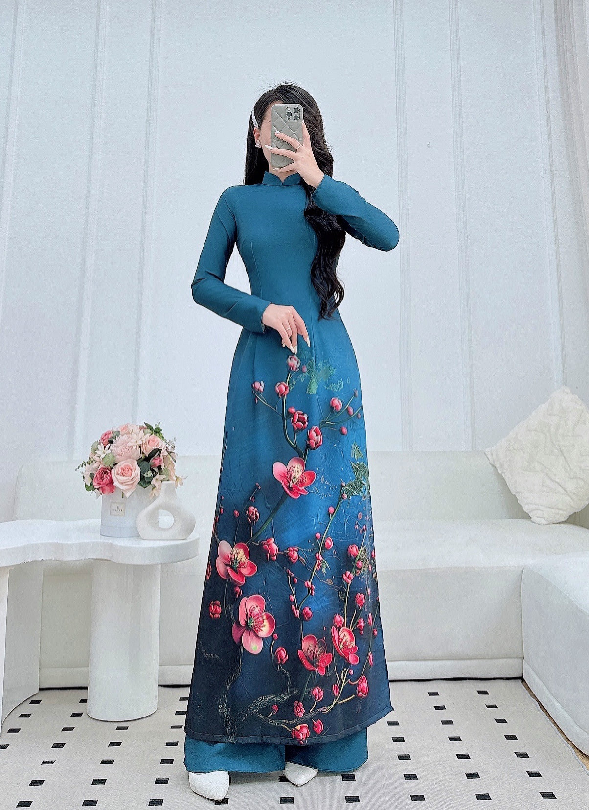 Pre-order: Elegant Long Sleeve Áo Dài for Women | Sakura Printed Ao Dai Set