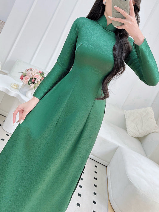 Green Brocade Ao Dai With Pants | Pre made ao dai for Women | Vietnamese long dress
