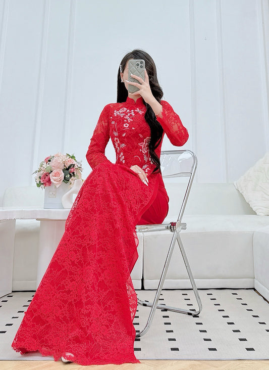 Pre-made Red Lace Bride Ao Dai | Vietnamese long dress with Pants