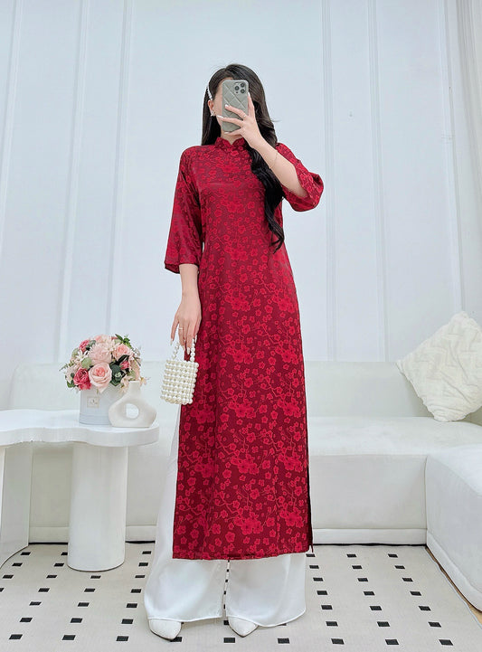 Dark Red Brocade Ao Dai Top – Áo Dài Gấm Mẫn Quân | Vietnamese Ao Dai- No Pants
