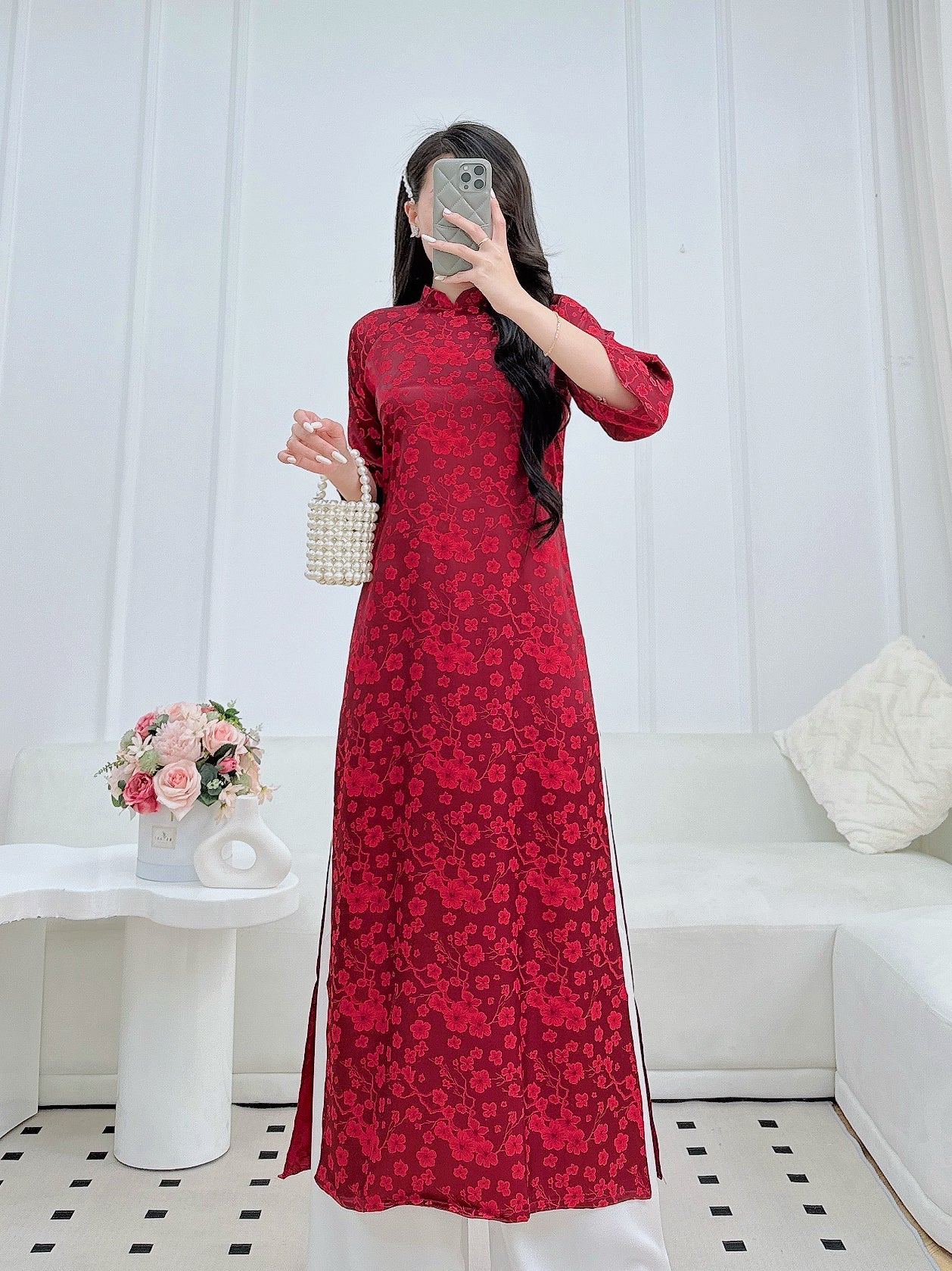 Dark Red Brocade Ao Dai Top – Áo Dài Gấm Mẫn Quân | Vietnamese Ao Dai- No Pants