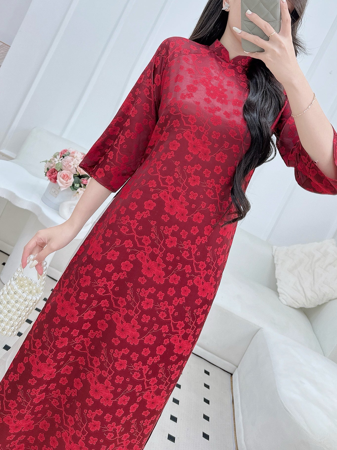 Dark Red Brocade Ao Dai Top – Áo Dài Gấm Mẫn Quân | Vietnamese Ao Dai- No Pants