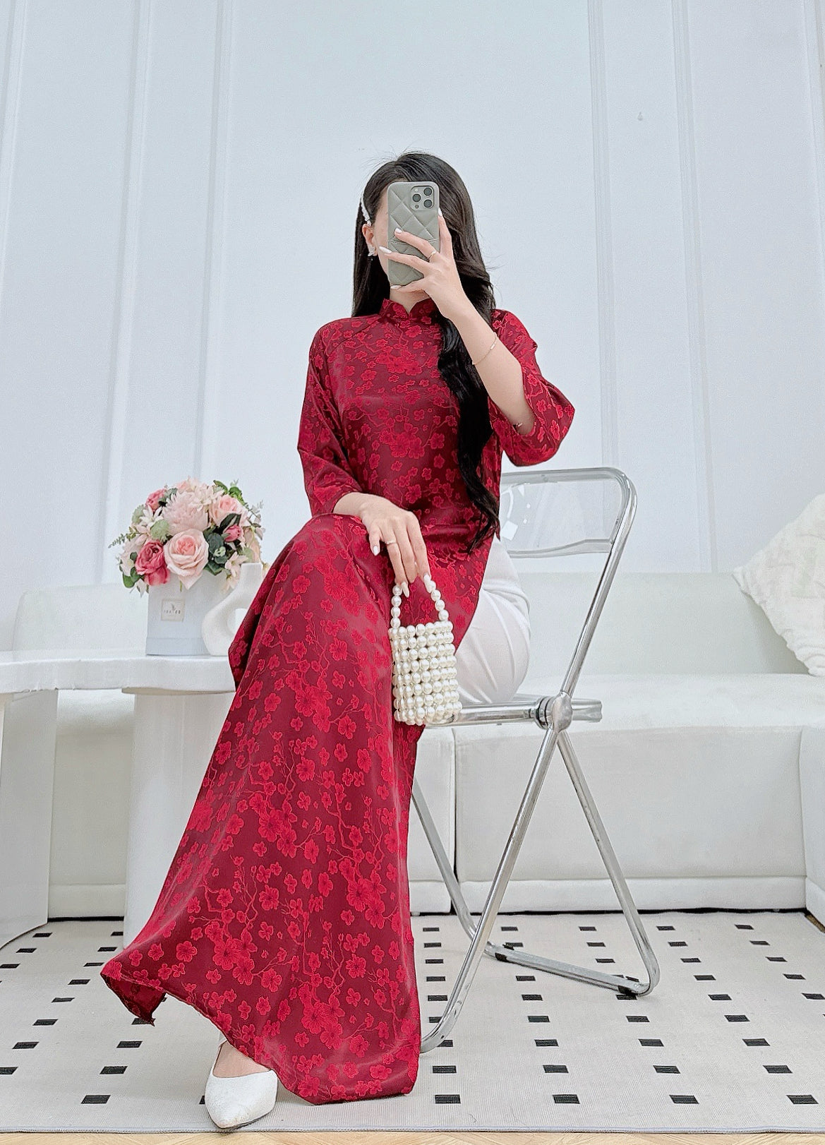 Dark Red Brocade Ao Dai Top – Áo Dài Gấm Mẫn Quân | Vietnamese Ao Dai- No Pants
