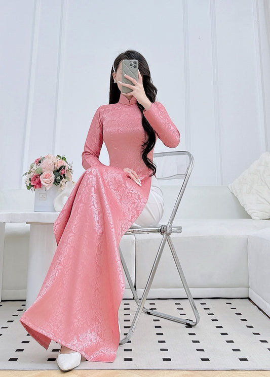 Nude Pink Ao Dai With Rose Gấm Pattern | Pre made ao dai for women | Vietnamese long dress