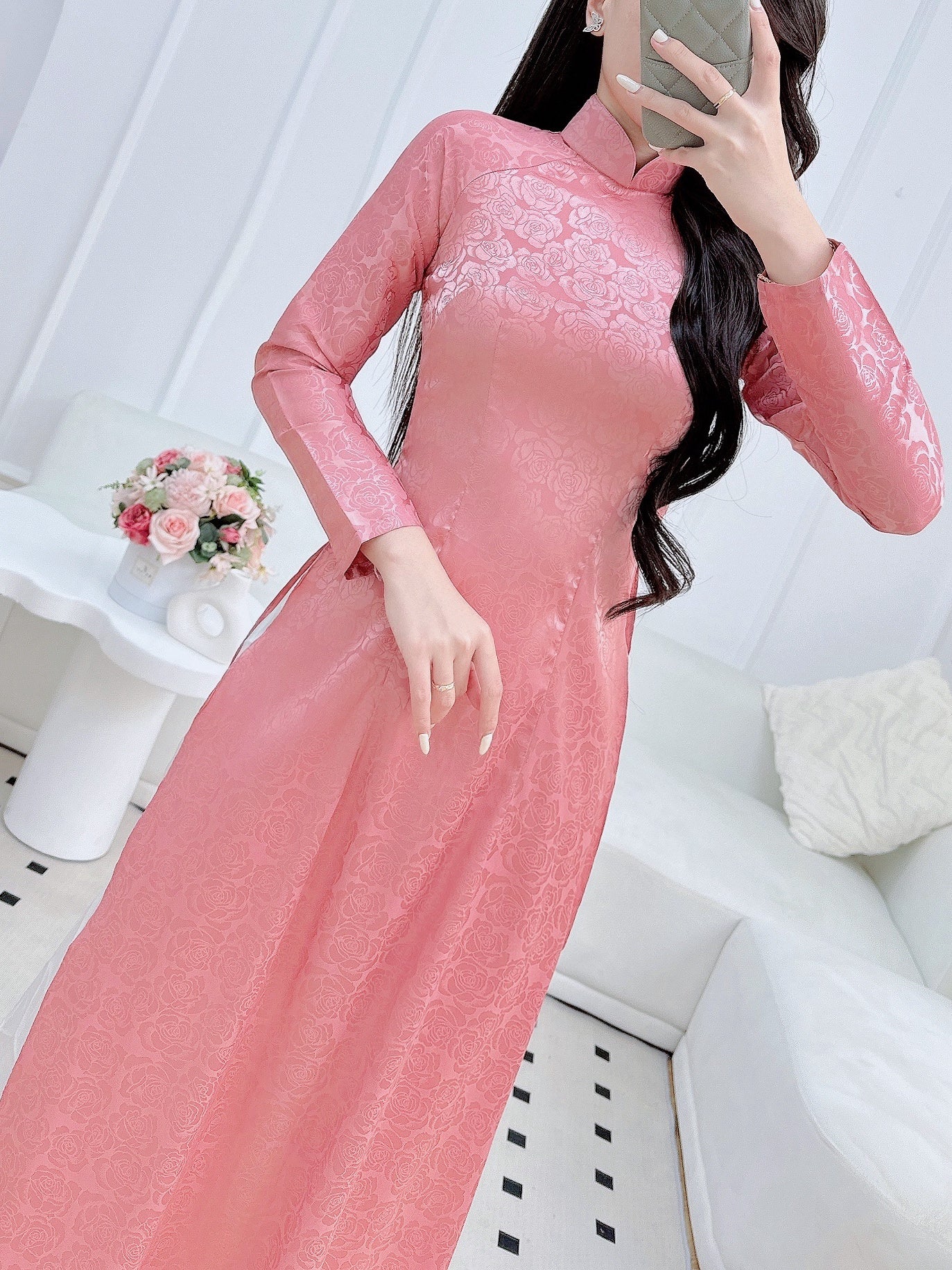 Nude Pink Ao Dai With Rose Gấm Pattern | Pre made ao dai for women | Vietnamese long dress