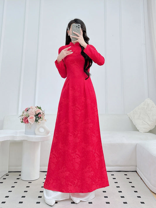 Elegant Red Ao Dai – Vietnamese Traditional Dress for Women – Long Sleeve Silk Top Only
