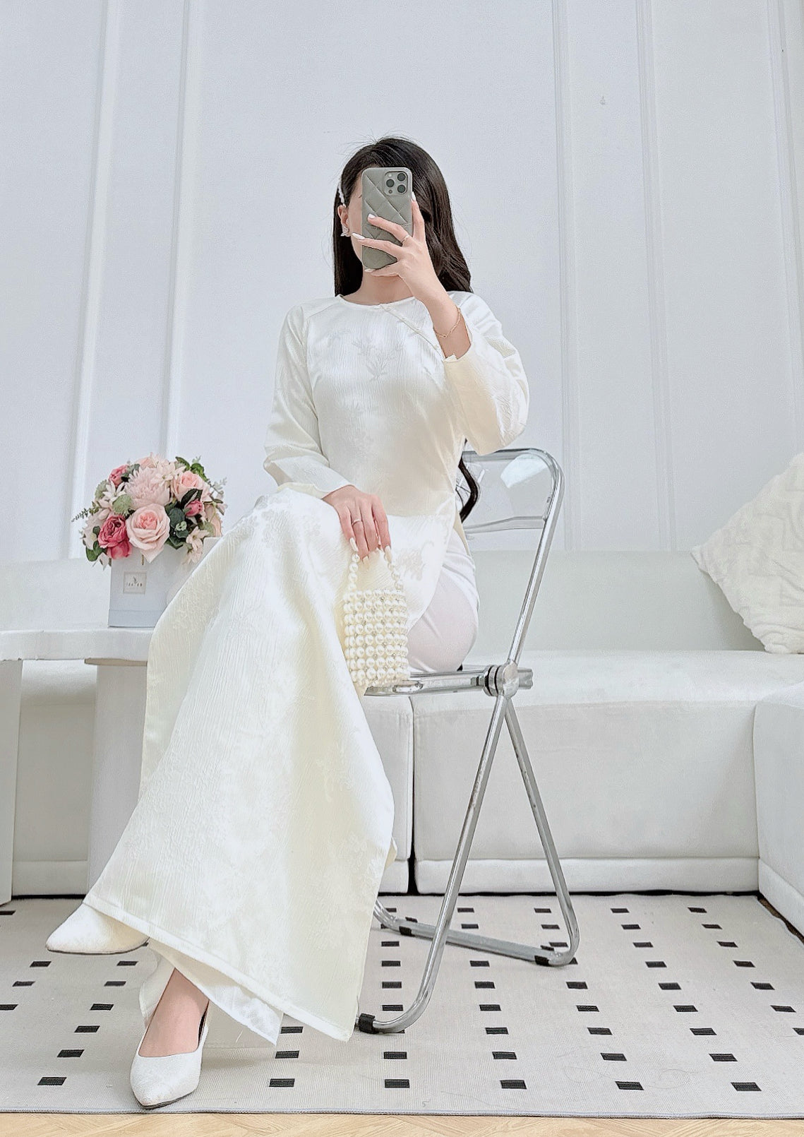 White Modern ao dai with Leave Bamboo | Vietnamese Ao Dai | NO pants