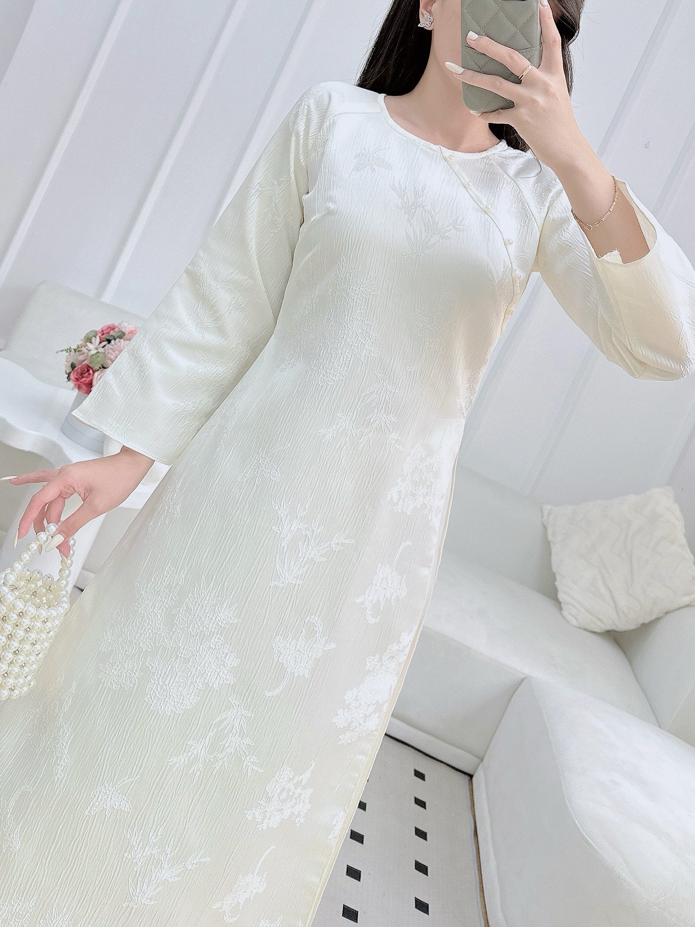 White Modern ao dai with Leave Bamboo | Vietnamese Ao Dai | NO pants