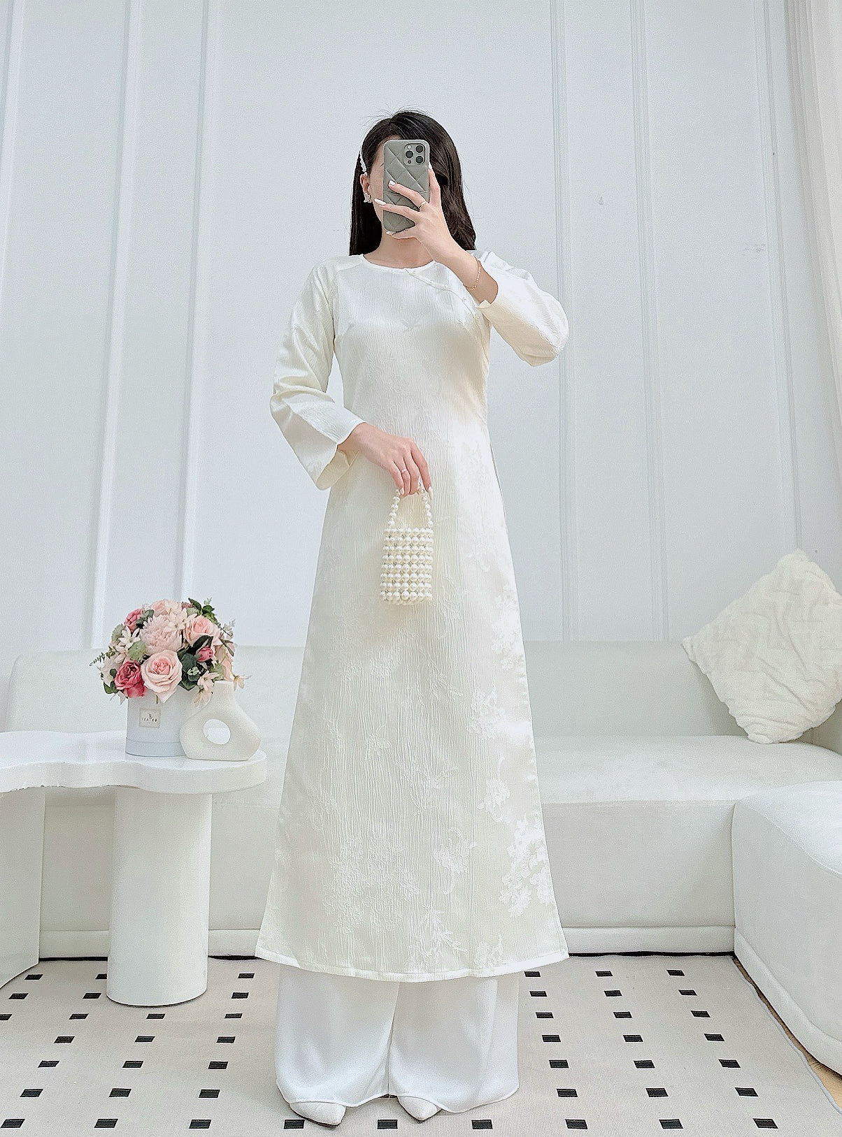 White Modern ao dai with Leave Bamboo | Vietnamese Ao Dai | NO pants
